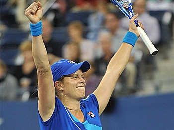 Kim Clijsters celebrates her 6-2, 6-1 win over Vera Zvonareva in the Women's Final at the 2010 U.S. Open tennis tournament. (Stan Honda/AFP/Getty Images)