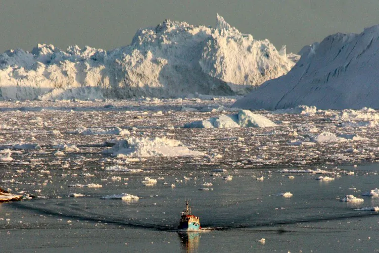 A boat skims through the melting ice in the Ilulissat fjord on the western coast of Greenland in August 2008. The effects of global warming in the Arctic are visible as Greenland's Ilulissat glacier melts at an alarming rate. (Steen Ulrik Johannessen/AFP/Getty Images)