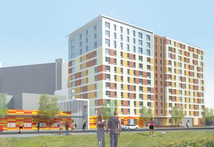 A model of the Coney Island Commons affordable housing development, which will feature a pool, gymnasium, fitness room, and a youth program ran by the YMCA. The Brooklyn development is slated to complete this summer and is the first project to be affected by a 25 percent lottery preference for income-eligible New Yorkers displaced by hurricane Sandy. (Courtesy of Kretchmer Companies)