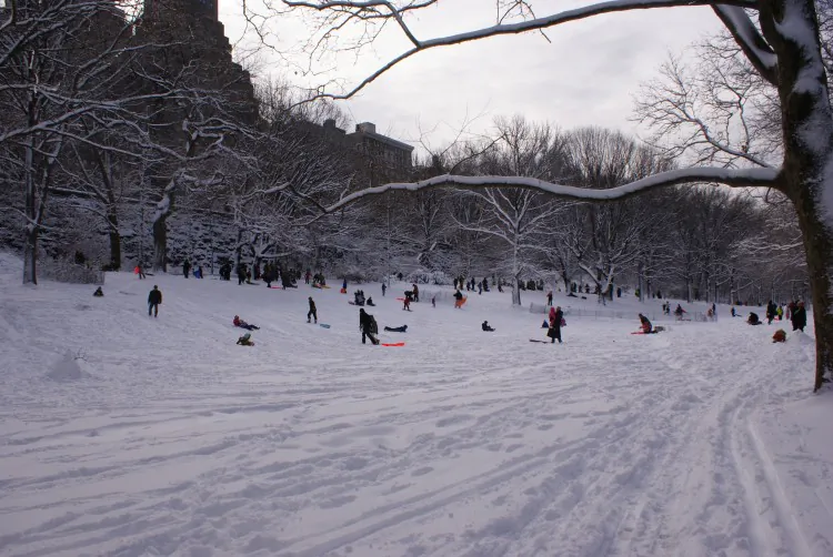 People play in the snow at Riverside Park on the Upper West Side on Saturday morning, Feb. 9. (Charlotte Cuthbertson/The Epoch Times)