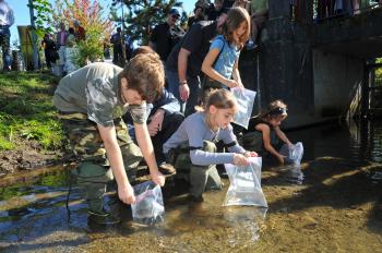 Children release juvenile cutthroat trout into Guichon Creek on the BCIT Burnaby Campus on World Rivers Day. (Scott McAlpine/BCIT) Children release juvenile cutthroat trout into Guichon Creek on the BCIT Burnaby Campus on World Rivers Day. (Scott McAlpine/BCIT)