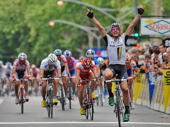 German John Degenkolb raises his arms in victory as he crosses the finish line to win Stage Two of the Criterium du Dauphine. (Pascal Pavani/Getty Images) German John Degenkolb raises his arms in victory as he crosses the finish line to win Stage Two of the Criterium du Dauphine. (Pascal Pavani/Getty Images)