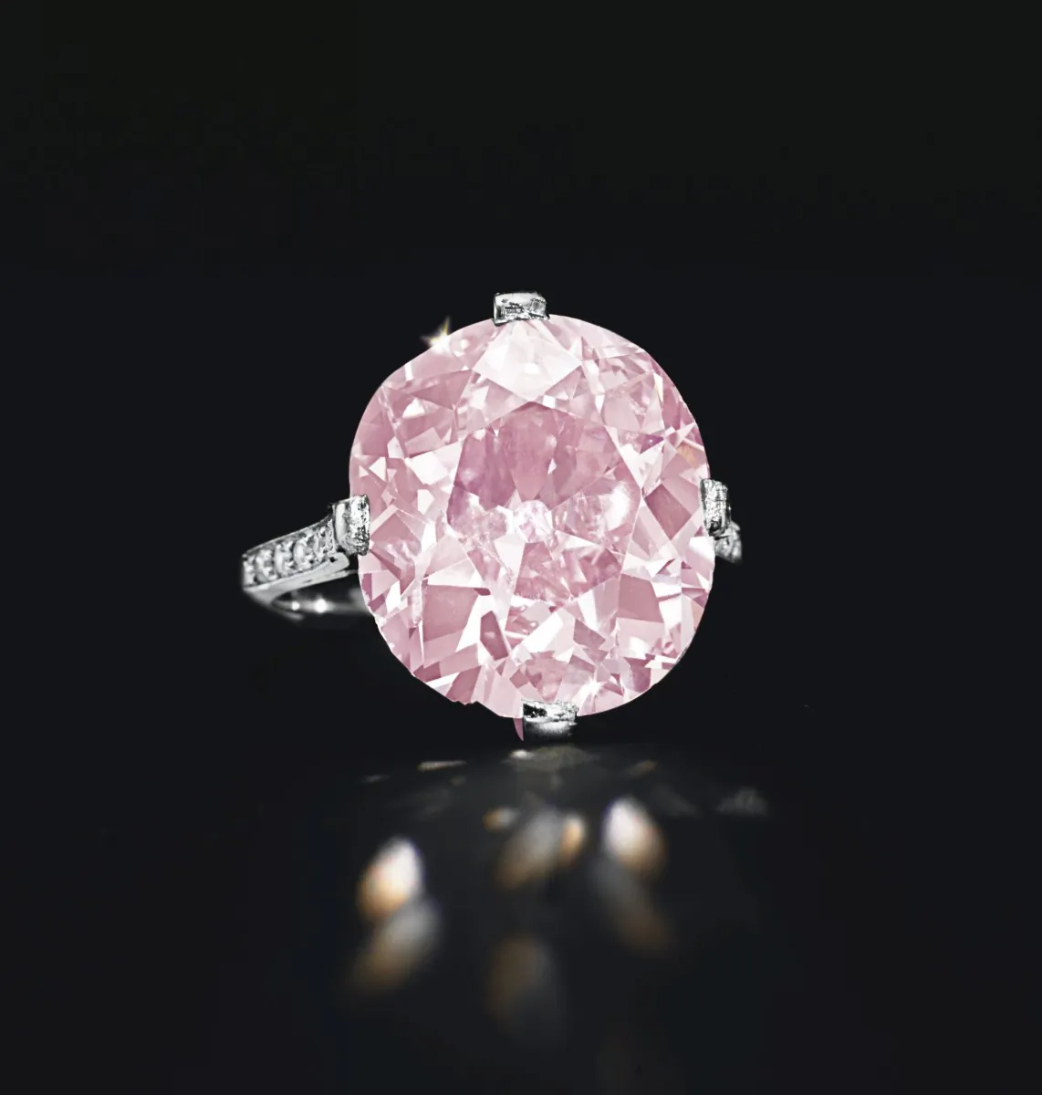 The fancy vivid purplish pink diamond ring, weighing 9.00 carats, mounted in platinum By Dreicer & Co. (1910), that sold for $15.7 million at Christie's. (Courtesy of Christie's)