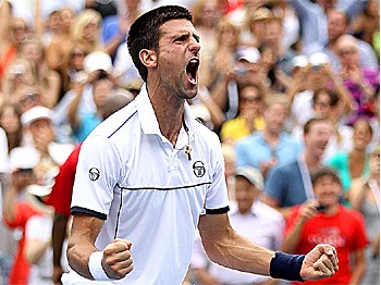 VICTORY: Novak Djokovic celebrates his five set comeback victory over Roger Federer in the semifinal match at the US Open on Super Saturday on Arthur Ashe Stadium in Flushing, New York. Djokovic will face defending Champion Rafael Nadal in the final on Monday. (Matthew Stockman/Getty Images)