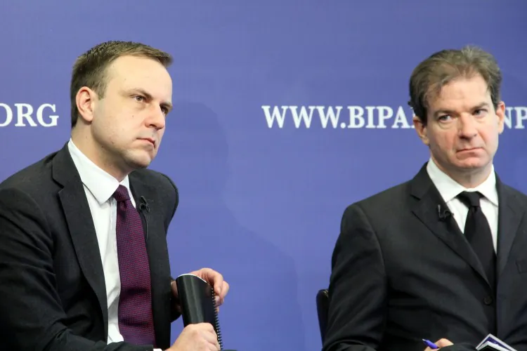 Dr. Peter Neumann and author Peter Bergen speak at the launch of the report 'Countering online radicalization in America' at the Bipartisan Policy Center in Washington D.C., Dec 4. Neumann believes engagement, rather than censorship, is a more effective deterrent to online terrorist activity. (Shar Adams/The Epoch Times)
