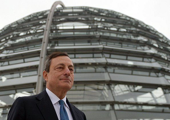 European Central Bank President Mario Draghi stands in front of the Bundestag, Germany's parliament, last week in Berlin. (Johannes Eisele/AFP/Getty Images)