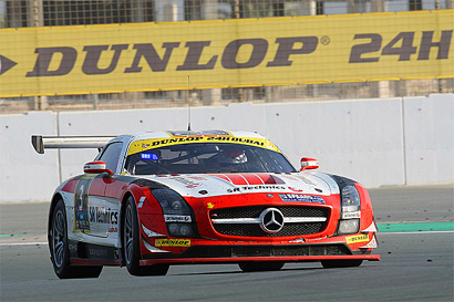 The #3 Abu Dhabi by Black Falcon Mercedes SLS AMG GT3 led a Mercedes sweep of the podium in the 2012 Dubai 24. (24hDubai.com)