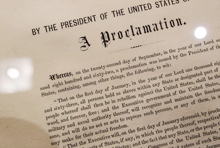 One of only 25 copies of the Emancipation Proclamation: Abraham Lincoln's historic edict that led to outlawing slavery in America. The document, originally a military measure, is now 150 years old. (Chris Hondros/Getty Images)