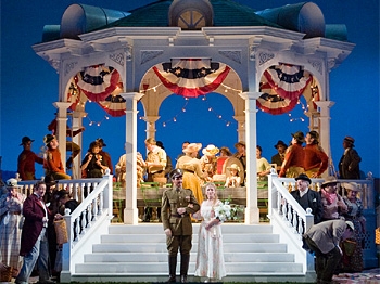 SET IN AMERICA: Albanian soprano Inva Mula (Adina) and Italian baritone Giorgio Caoduro (Belcore) in San Francisco Opera's SET IN AMERICA: Albanian soprano Inva Mula (Adina) and Italian baritone Giorgio Caoduro (Belcore) in San Francisco Opera's