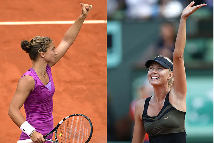 Sara Errani reacts after beating Samantha Stosur during their French Open Women's Singles semifinal match. (Pascal Guyot/AFP/GettyImages) Maria Sharapova waves to the crowd after defeating Petra Kvitova. (Thomas Coex/AFP/GettyImages)