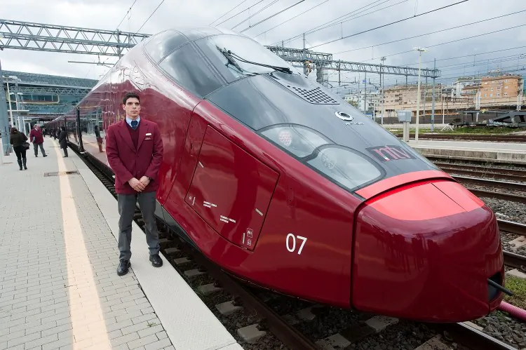 Italo, Italy’s new high-speed train by Ferrari is seen ahead of its inaugural trip to Naples, at Stazione Tiburtina on April 20, in Rome, Italy. (Giorgio Cosulich/Getty Images)
