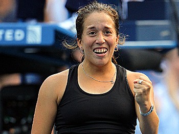 HURRICANE IRINA: Irina Falconi celebrates her victory against Dominika Cibulkova on Wednesday at Arthur Ashe Stadium in Flushing, New York. She lost her third round match on Friday, but kept in good spirits, saying, 'There is nothing but positives to take out of this week.' She should be a staple in American tennis for years to come. (Michael Heiman/Getty Image)