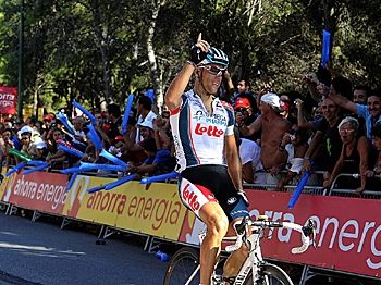 Philippe Gilbert of the Omega-Pharma-Lotto team celebrates his Stage Three win in the Vuelta a Espana. (Jose Jordan/AFP/Getty Images)