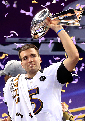 Joe Flacco of the holds up the Vince Lombardi Trophy following the Ravens' 34-31 win in Super Bowl XLVII. Flacco was named Super Bowl MVP. (Jamie Squire/Getty Images)
