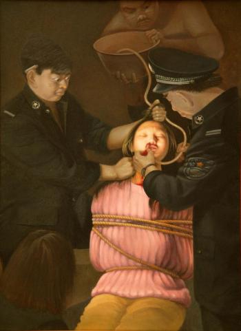 Artist Weixing Wang depicts a Falun Gong practitioner undergoing forced feeding by Chinese police. The insertion of the tube is used to inflict pain, and then large quantities of salt or other substances are forced into the victim. (Image Courtesy of FalunArt.org)