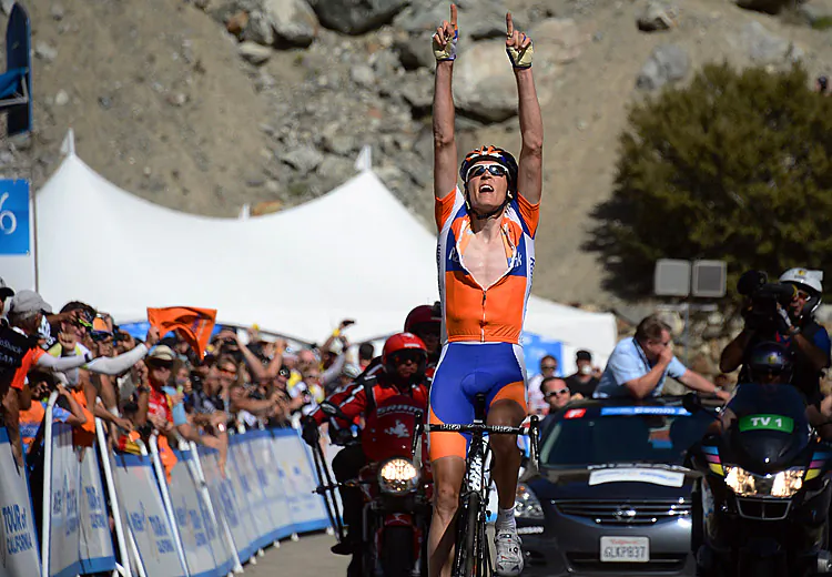Robert Gesink of Rabobank is followed by Joseph Dombrowski of Bontrager-Livestrong as Gesink attacks on the final climb during Stage Seven of the Amgen Tour of California from Ontario to Mt. Baldy. Gesink won the stage and earned the overall race leader’s jersey while Dombrowski finished fourth on the stage. (Doug Pensinger/Getty Images)