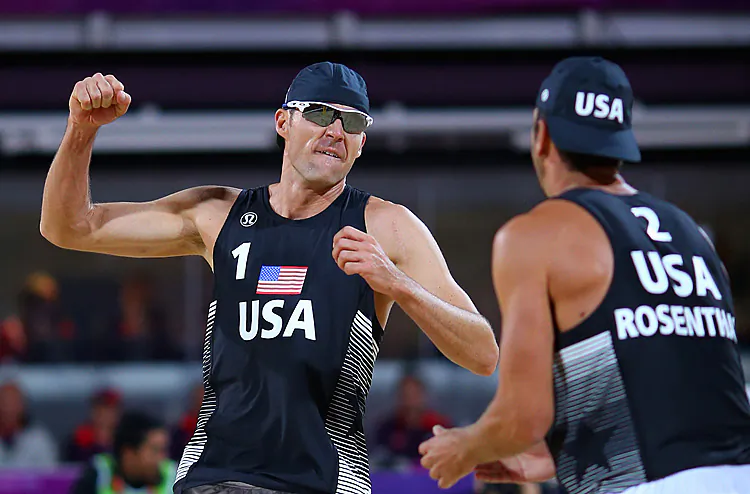 Misty May-Treanor spikes the ball off a Kerry Walsh Jennings set during the Women's Beach Volleyball Round of 16 match between United States and Netherlands on Day 8 of the London 2012 Olympic Games. (Ryan Pierse/Getty Images)