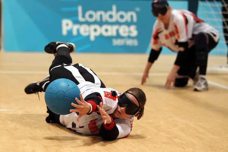 Lisa Czechowski of the USA defends a shot during the International Goalball Tournament in London, England, on Dec. 3. (Clive Rose/Getty Images)