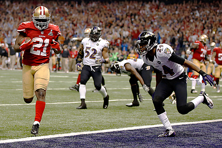 Frank Gore #21 of the San Francisco 49ers runs in for a touchdown past Corey Graham #24 of the Baltimore Ravens during the third quarter of Super Bowl XLVII. (Chris Graythen/Getty Images)