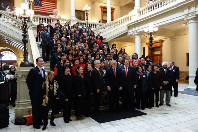 (L-R) Asian American Legal Advocacy Center Civic Engagement Intern Peter Yang, Executive Director Helen Kim Ho, and Development and Communications Assistant Julia Shyu at the first Asian American and Pacific Islander Legislative Day at the Georgia State Capitol in Atlanta on Feb. 28, 2013. (Mary Silver/The Epoch Times)