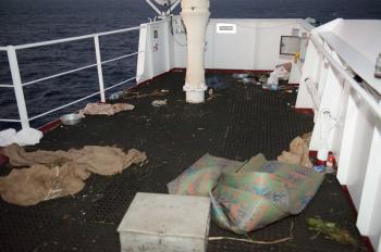 Conditions aboard the Kota Wajar left by Somali pirates. Pirates in the Gulf of Aden fire automatic weapons and rocket-propelled grenades to try to hijack vessels. Once successful, they sail the vessel to the Somali coast and demand ransom. (Corporal Peter Reed, Image Technician, HMCS Fredericton)