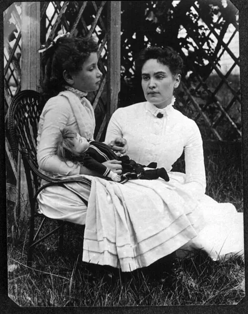 July 1888 Photograph of Helen Keller at age 8 with her tutor Anne Sullivan on vacation in Brewster, Cape Cod, Massachusetts. (New England Historic Genealogical Society)