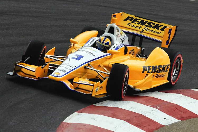 Helio Castroneves put the No. 3 Penske Truck Rental Dallara Chevrolet into second through driving skill, and with his team earned the win via pitwork and strategy. (Chris Trotman/Getty Images)