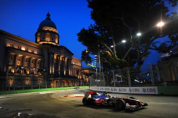 Lewis Hamilton put his McLaren-Mercedes third on the grid for the Formula 1 Singapore Grand Prix. (Saeed Khan/AFP/Getty Images) Lewis Hamilton put his McLaren-Mercedes third on the grid for the Formula 1 Singapore Grand Prix. (Saeed Khan/AFP/Getty Images)