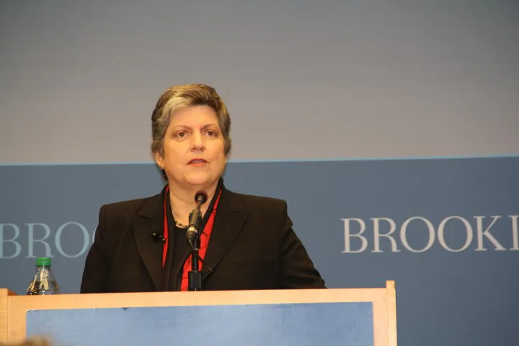 Janet Napolitano, secretary of the Department of Homeland Security (DHS), speaking at the Brookings Institution in Washington, D.C., on Feb. 26, 2013. Napolitano was addressing the 10th anniversary of the DHS, which was formed in the aftermath of the 9/11 terrorist attacks on the World Trade Center. (Shar Adams/The Epoch Times)