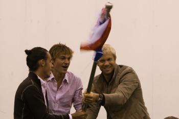 Members of the French men's team cheer on the French ladies in their group 1 match semi-finals against Argentina. Argentina defeated them handily 3-0. France will play Brazil Saturday for 3rd place. (Neil Campbell/The Epoch Times) Members of the French men's team cheer on the French ladies in their group 1 match semi-finals against Argentina. Argentina defeated them handily 3-0. France will play Brazil Saturday for 3rd place. (Neil Campbell/The Epoch Times)