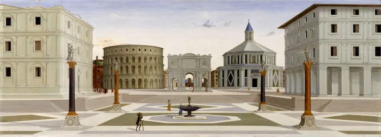 Perspective as a perfect expression of artistic thought and the harmony of mathematics and architecture summarize the utopia of a perfect city, according to the concepts of Renaissance painters in Italy. “The Ideal City,” by an unknown artist, in possession of the Walters Art Gallery in Baltimore, Md., tempera on panel. (Galleria Nazionale delle Marche)