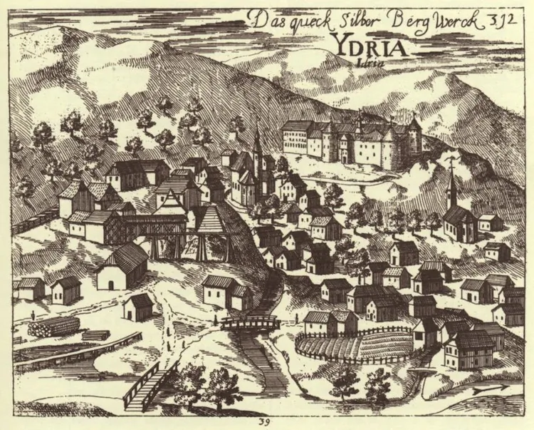 Copper engraving of the mercury mine at Idrija in Slovenia, where mercury was first discovered in 1490. Engraving by Janez Vajkard Valvasor. (Wikimedia Commons)