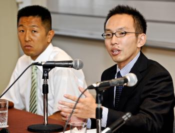 Greenpeace Japan members Junichi Sato (R) and Toru Suzuki speak before the press in Tokyo on September 3, 2010. (Yoshikazu Tsuno/AFP/Getty Images)