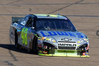 Jimmie Johnson stretched his fuel and carried his Lowes Chevrolet home to a fifth-place finish. (Christian Petersen/Getty Images for NASCAR) Jimmie Johnson stretched his fuel and carried his Lowes Chevrolet home to a fifth-place finish. (Christian Petersen/Getty Images for NASCAR)
