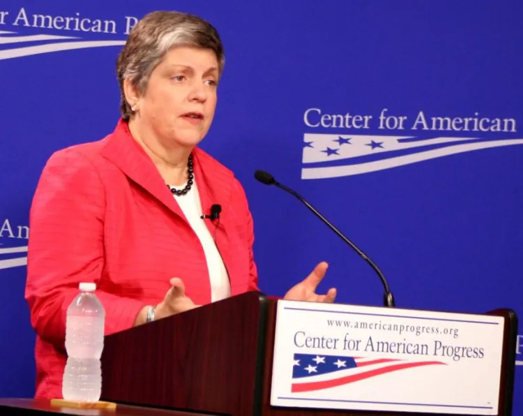 Janet Napolitano, Secretary of Homeland Security, speaks at the Center for American Progress May 9 on the mission of DHS and current efforts to combat human trafficking. (Gary Feuerberg/ The Epoch Times)
