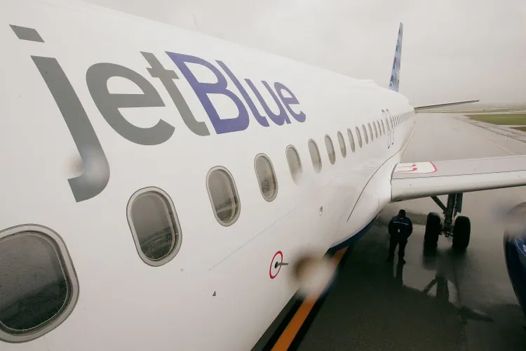 A file photo of a JetBlue airplane. JetBlue flight 145 was delayed on March 9, 2013, when an Air India Boeing 777 collided with it on the tarmac at John F. Kennedy Airport in New York. (Scott Olson/Getty Images)