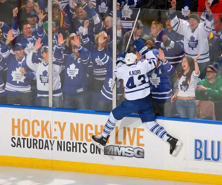 Nazem Kadri of the Toronto Maple Leafs celebrates after scoring in the first period against Buffalo on Mar. 21. Kadri is the Leafs’ leading scorer this season. (Rick Stewart/Getty Images)