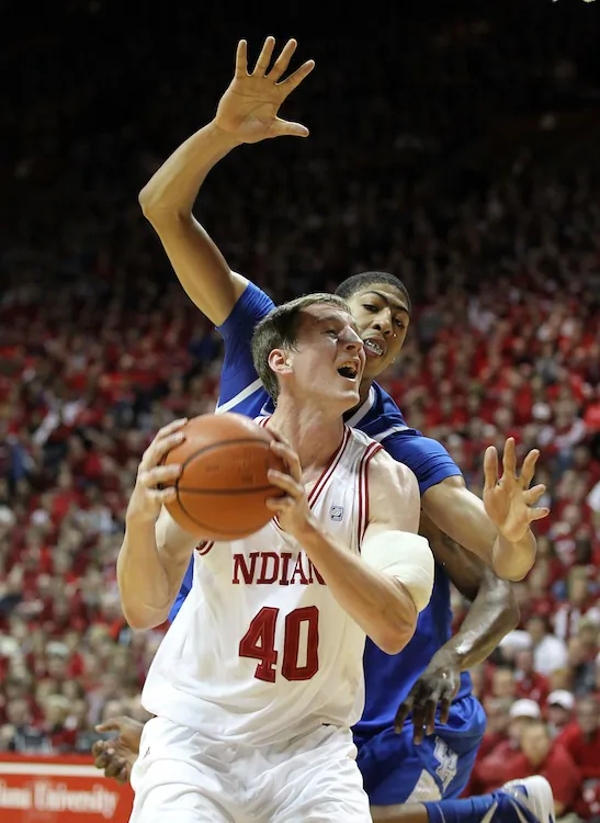 Somehow Cody Zeller (40) got past Anthony Davis (towering above) and the Kentucky Wildcats Saturday. (Andy Lyons/Getty Images)