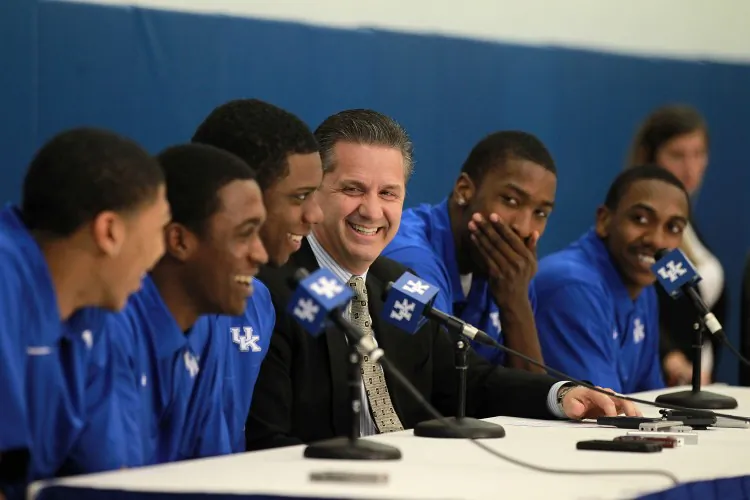Kentucky players (along with their coach) from left to right Anthony Davis, Doron Lamb, Terrence Jones, Coach John Calipari, Michael Kidd-Gilchrist, and Marquis Teague announce their intentions to enter the NBA Draft. (Andy Lyons/Getty Images)
