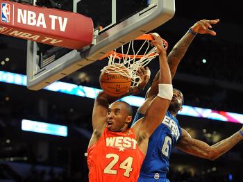 Kobe Bryant (L) of the L.A. Lakers playing for the West team, scores as East Team's LeBron James of the Miami Heat tries to block during the NBA All-Stars Game. (Mark Ralston/AFP/Getty Images) Kobe Bryant (L) of the L.A. Lakers playing for the West team, scores as East Team's LeBron James of the Miami Heat tries to block during the NBA All-Stars Game. (Mark Ralston/AFP/Getty Images)