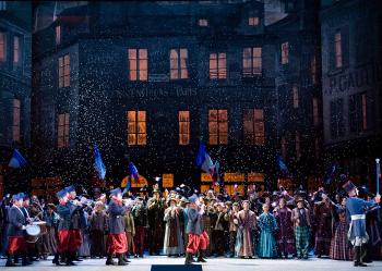 THE SET: A marching band in the Latin Quarter of Paris in SF Opera's 'La Bohème.' (Terrence McCarthy) THE SET: A marching band in the Latin Quarter of Paris in SF Opera's 'La Bohème.' (Terrence McCarthy)
