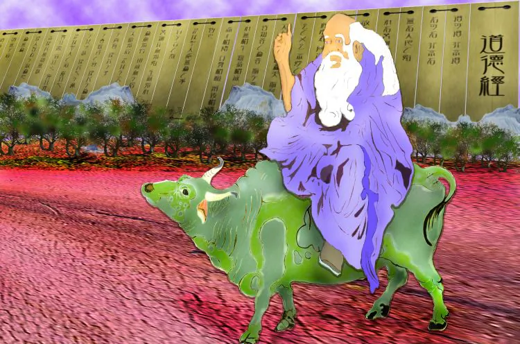 Lao Zi, heralded by a purple aura, appeared on a water buffalo. To enable people to return to their true nature, Lao Zi disseminated the Dao during a chaotic period in the Zhou Dynasty. (Zona Yeh/Epoch Times)