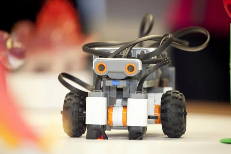 A close-up of a robot built from the Lego Mindstorms kit by computer science students at Coventry University. (Courtesy of Coventry University)