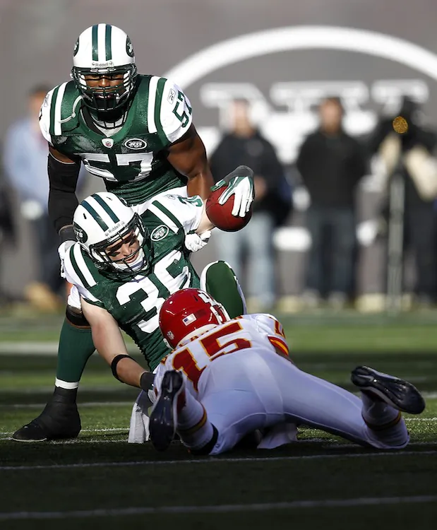 Jim Leonhard (36) was injured intercepting a pass Sunday against Kansas City. (Jeff Zelevansky/Getty Images)