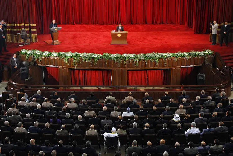Egyptian President Mohamed Morsi delivers a speech at Cairo's University after being sworn-in on June 30, 2012, to become the country's first freely elected leader and its first president since Hosni Mubarak's overthrow last year. (Ahmad Abdul Fatah/AFP/GettyImages)