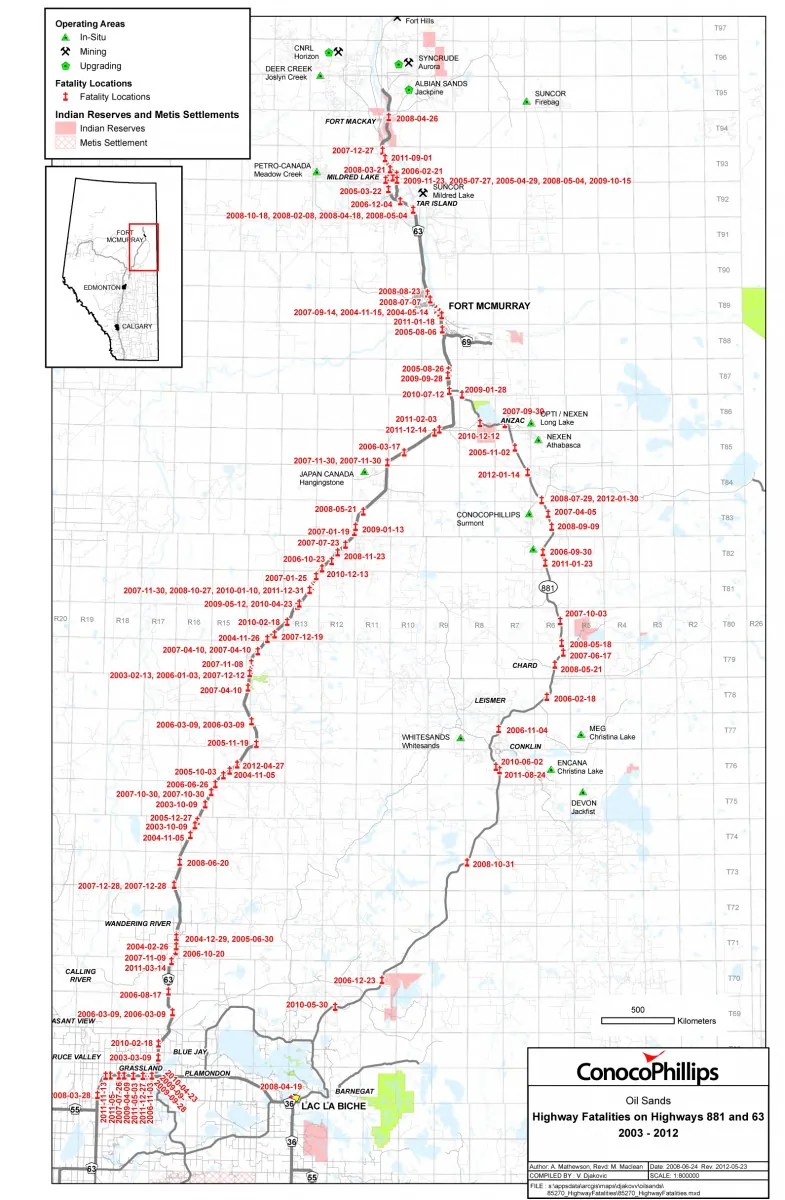 A map showing the fatalities on Highway 63 (L) and Highway 881 between 2003 and 2012. (ConocoPhillips)