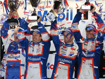 Team Oreca Matmut owner Hugues de Chaunac and drivers Olivier Panis, Nicolas Lapierre and Loic Duval celebrate victory in the 2011 Sebring Twelve Hours. (James Fish/The Epoch Times) Team Oreca Matmut owner Hugues de Chaunac and drivers Olivier Panis, Nicolas Lapierre and Loic Duval celebrate victory in the 2011 Sebring Twelve Hours. (James Fish/The Epoch Times)