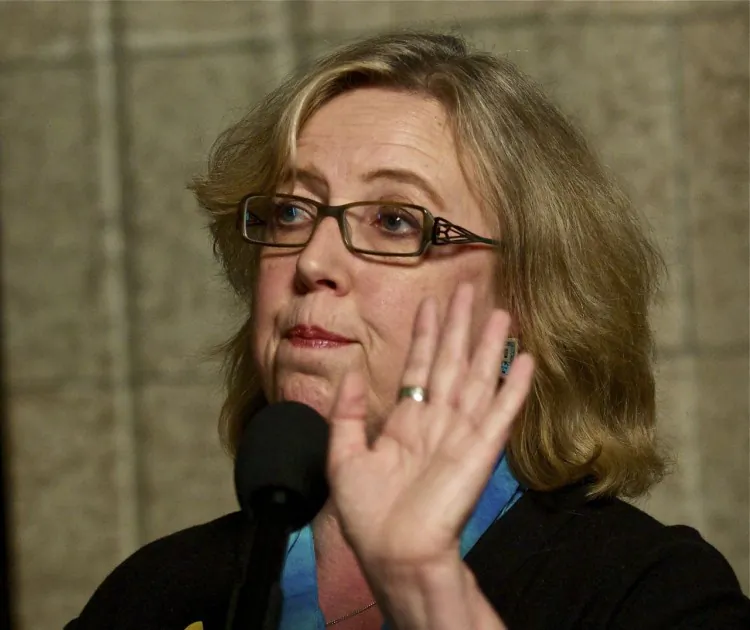 Green Party leader Elizabeth May has initiated a strategy of calling for amendments to the budget that NDP House Leader Nathan Cullen says is a serious threat to the government. (File photo Matthew Little/The Epoch Times)