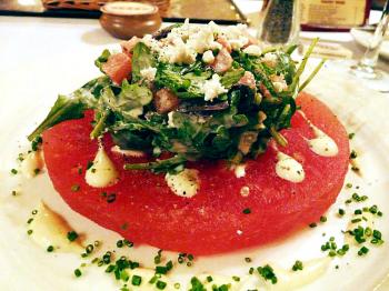 WATERMELON CARPACCIO: A play on a classic French dish. Carpaccio is usually made with meat or fish such as tuna. Here it is a veritable garden of robust flavors. (Nadia Ghattas/The Epoch Times) WATERMELON CARPACCIO: A play on a classic French dish. Carpaccio is usually made with meat or fish such as tuna. Here it is a veritable garden of robust flavors. (Nadia Ghattas/The Epoch Times)