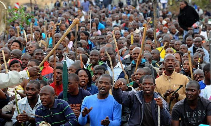 Thousands of striking workers singing and carrying sticks march on a South African mine in Marikana on Sept. 5. Police were accused of shooting miners in cold blood during a crackdown that killed 34. (Alexander Joe/AFP/Getty Images)